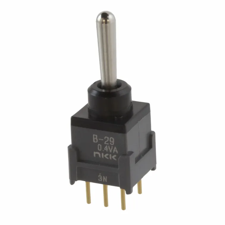 NKK Switches_B29AP_Switch Toggle ON OFF (ON) DPDT Bat Lever PC Pins 0.1A 28VAC 28VDC 0.4VA PC Mount