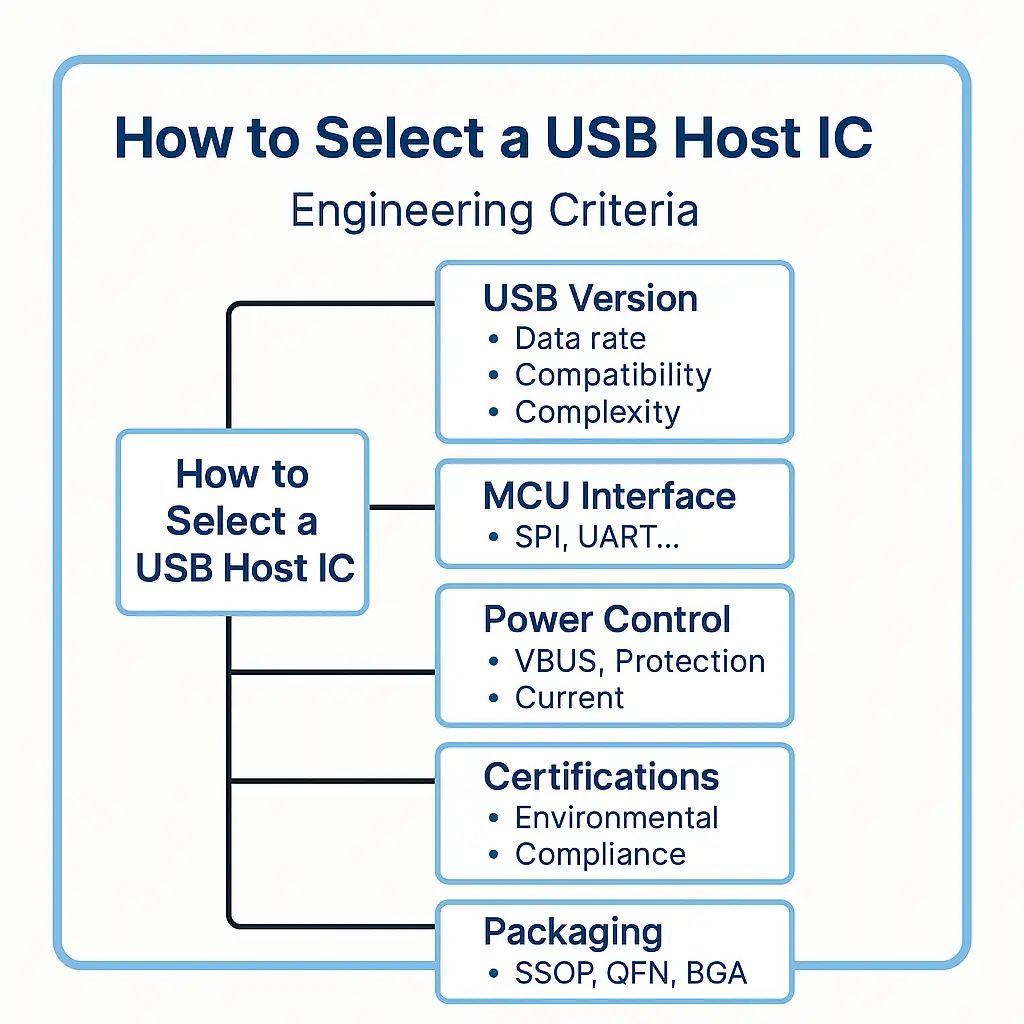 Diagram outlining six key engineering criteria for selecting a USB Host Controller IC, including USB version, MCU interface, power control, certifications, and packaging.