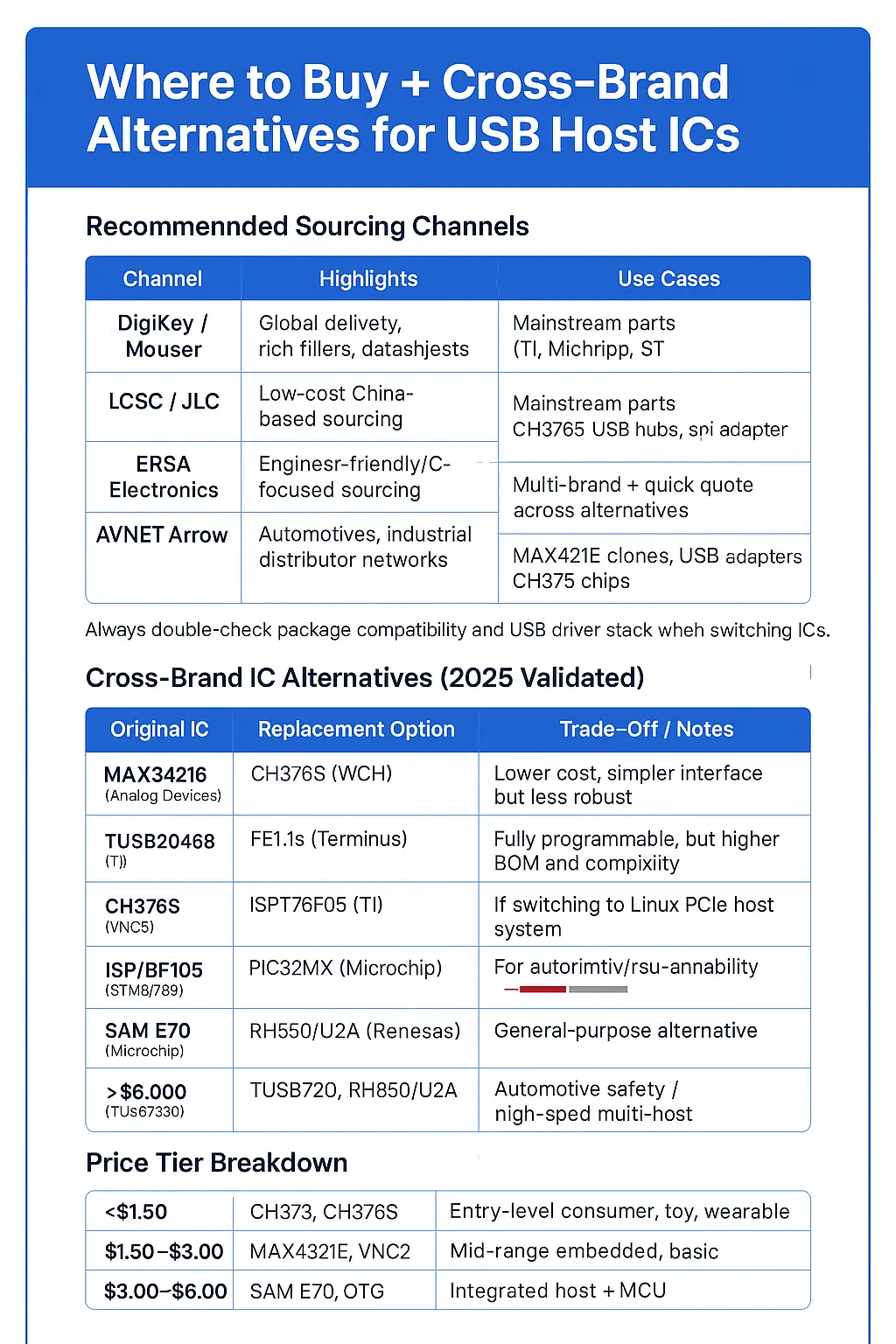 Infographic showing where to buy USB Host ICs and validated 2025 cross-brand alternatives, including sourcing channels, IC replacement options with trade-offs, and price tier breakdowns.