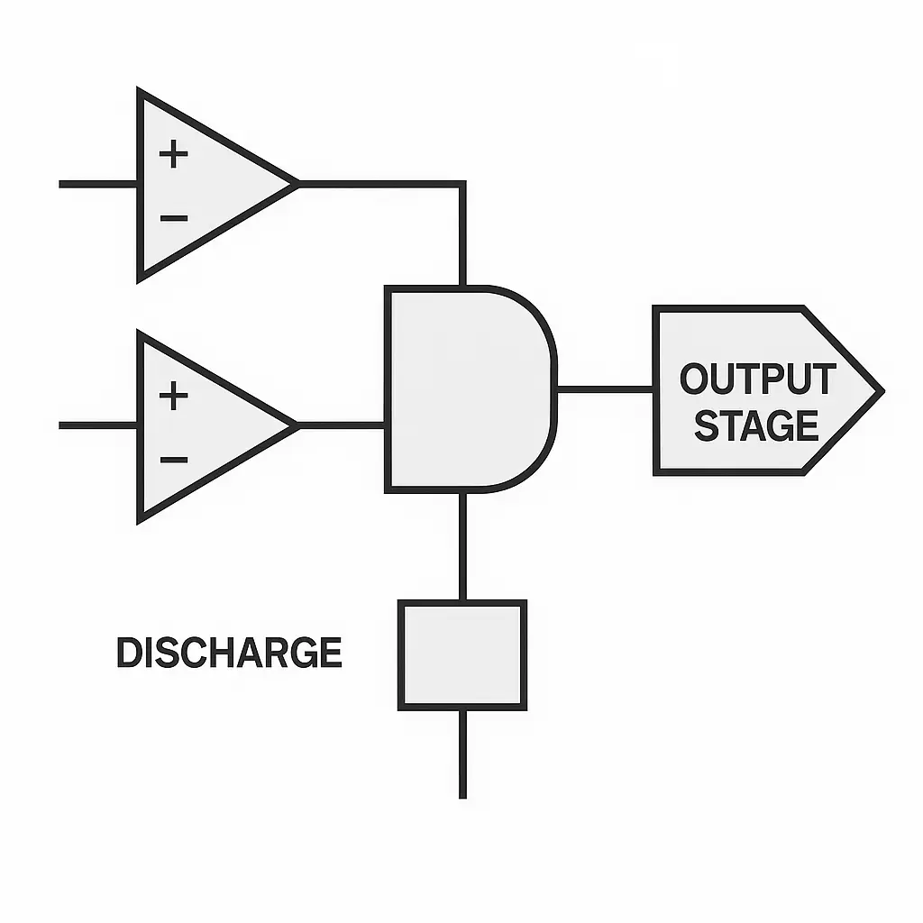 NE555N internal block diagram with comparators, flip-flop, discharge transistor, output stage