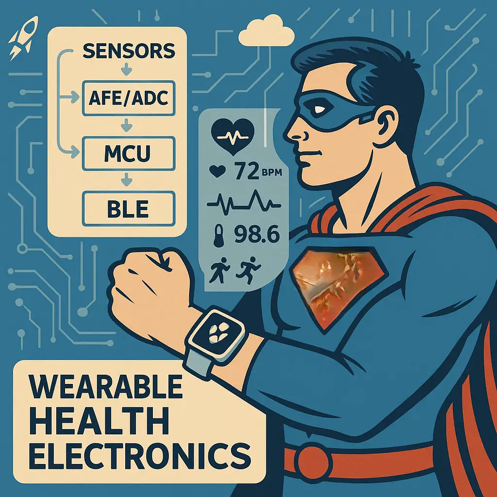 Wearable health electronics architecture—sensors (PPG, ECG, temp, IMU), AFE/ADC, MCU, PMIC/battery, BLE, app/cloud