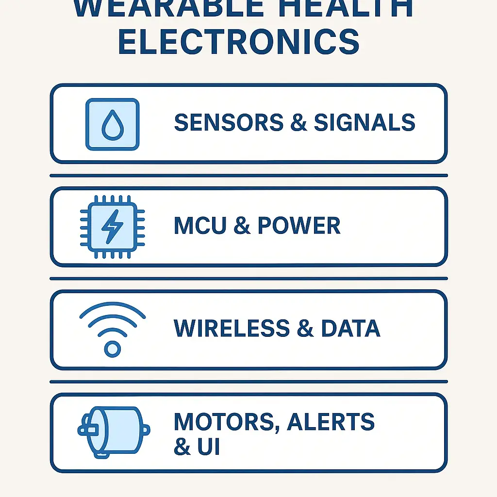 Sensors, AFE/ADC, MCU, radio, PMIC/battery, UI/haptics and interconnect blocks