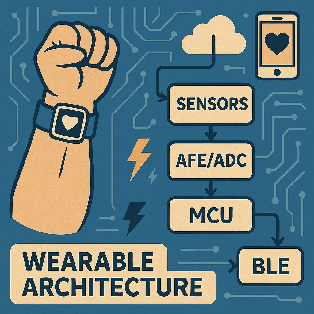 Wearable block diagram—sensor front ends, digitization, memory/MCU, radio and power domains