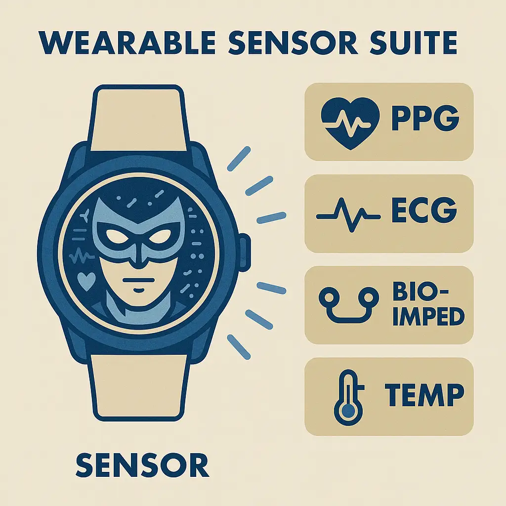 PPG LEDs/photodiode, ECG electrodes, bioimpedance inject/sense, temp sensor placement and shielding