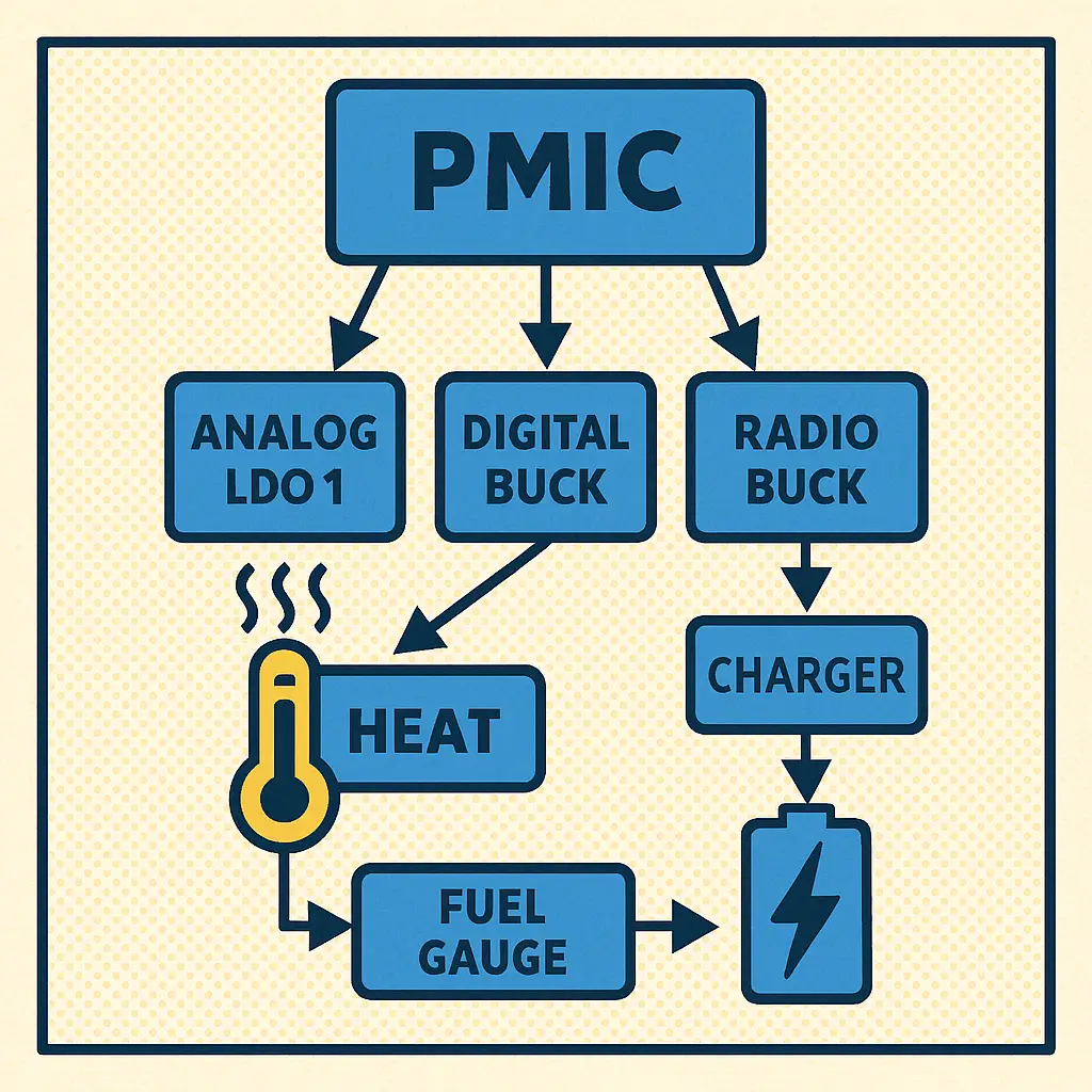 PMIC rails for analog/digital/radio, charger, fuel gauge and thermal considerations