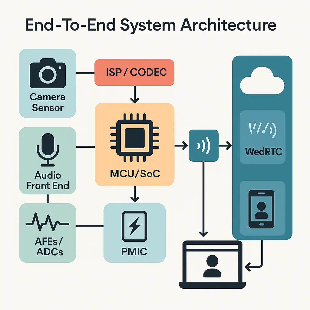 Telehealth electronics architecture—cameras, mics, AFEs/ADCs, MCU/SoC, radios, PMIC/battery, security and cloud link