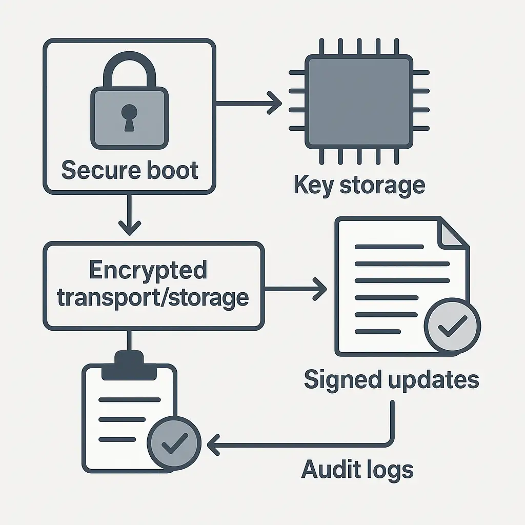 Secure boot, key storage, encrypted transport/storage, signed updates, audit logs