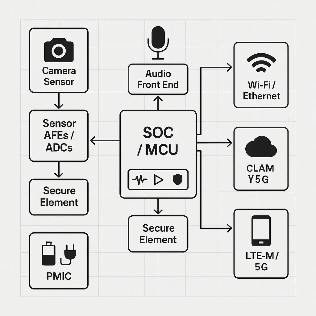 Telehealth block diagram—sensor front ends, ISP/codec, MCU/SoC, radios, security, PMIC and cloud signaling