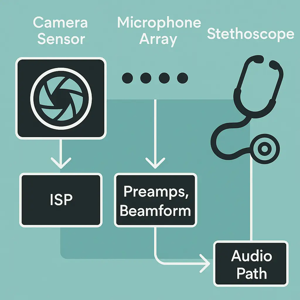 Camera sensor + ISP, microphone array + preamps/beamforming, stethoscope audio path
