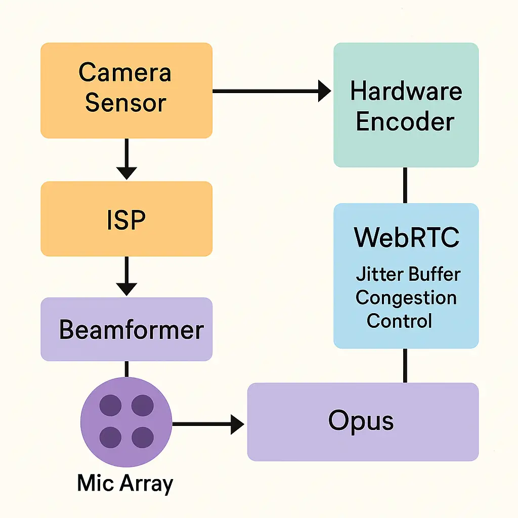 Frame capture → ISP → hardware encoder; mic array → beamformer → Opus; WebRTC jitter buffer & congestion control