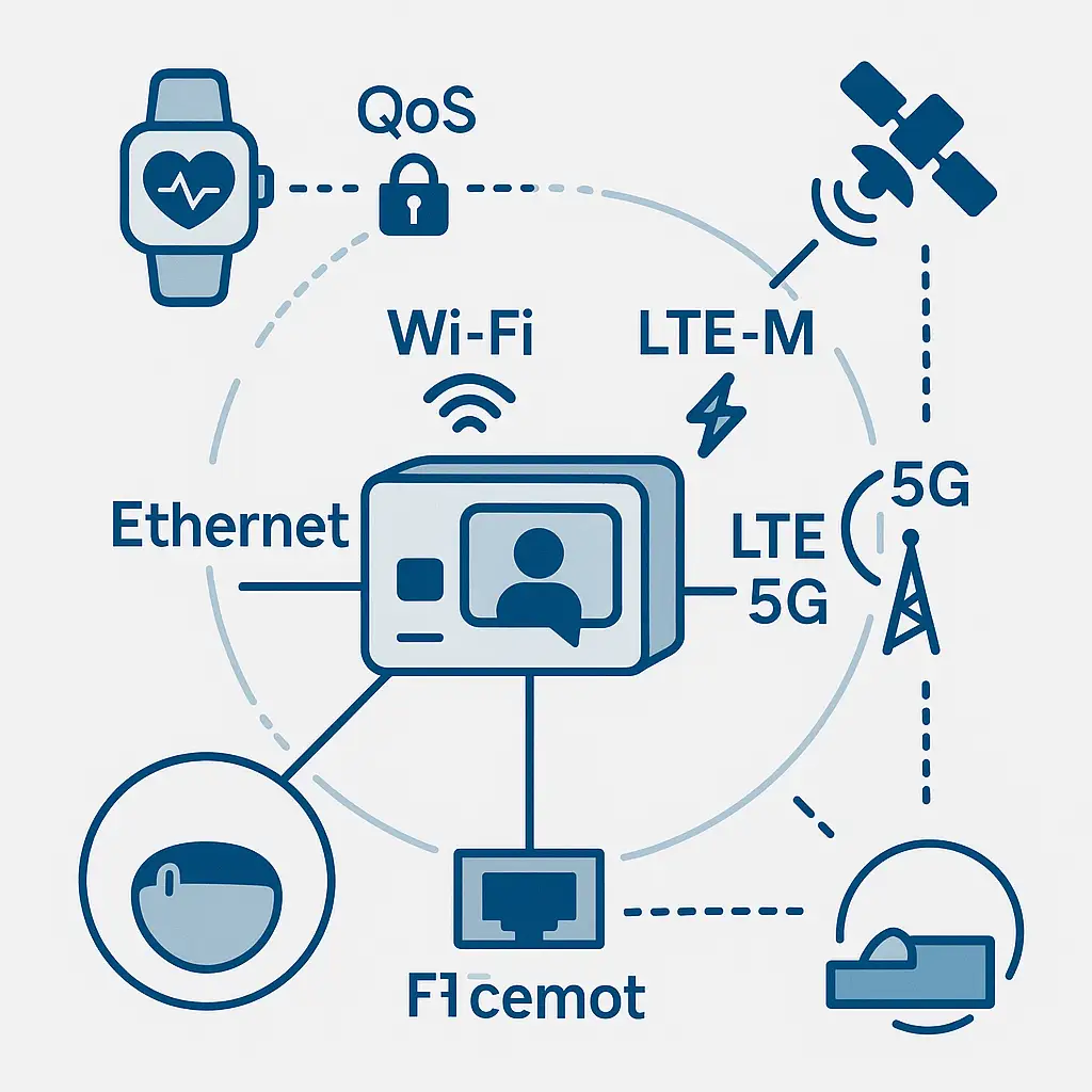 BLE sensor ring, Wi-Fi/Ethernet primary uplink, LTE-M/5G fallback, optional satellite; QoS and VPN overlays