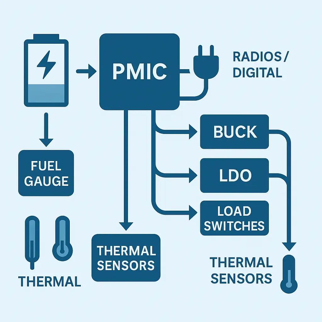 PMIC with bucks/LDOs, charger, fuel gauge, load switches; analog vs radio/digital domains and thermal sensors