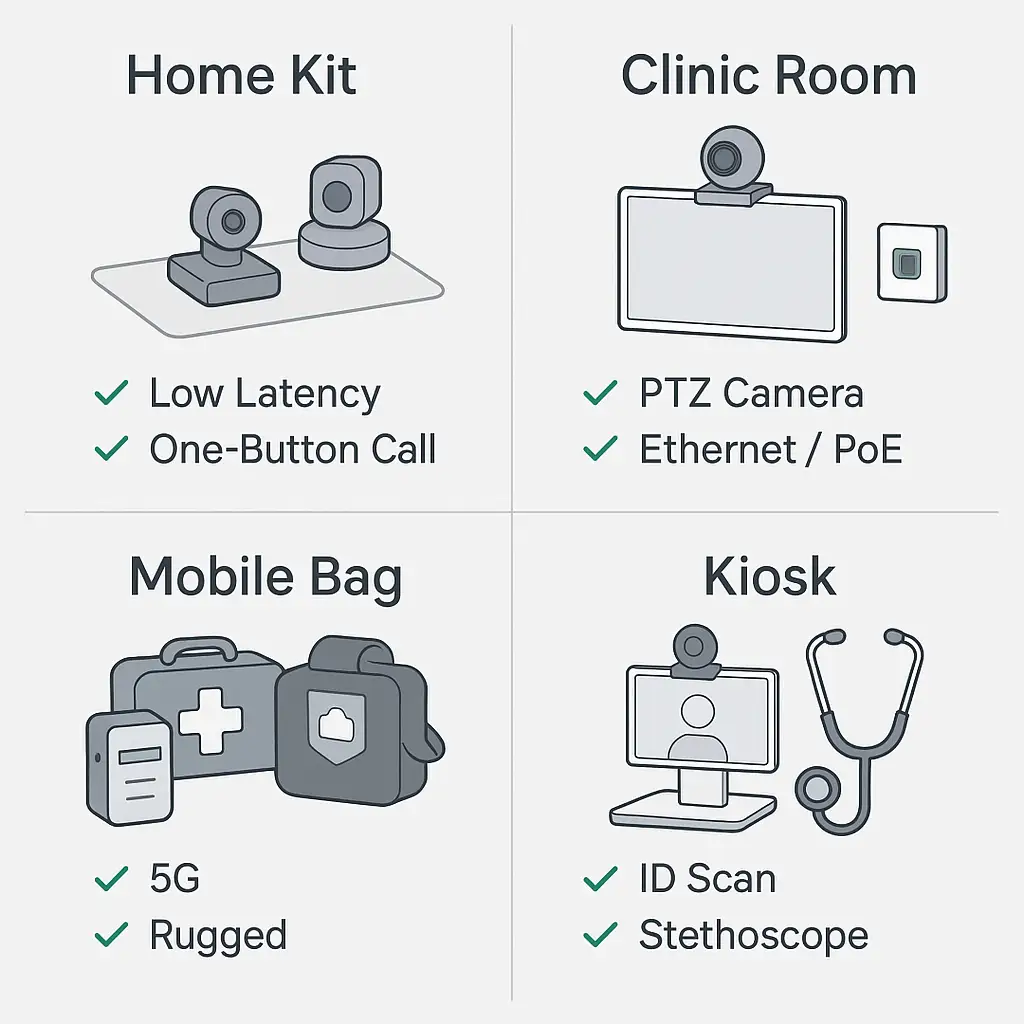 Home kit, clinic room, mobile bag and kiosk—telehealth electronics variants and requirements