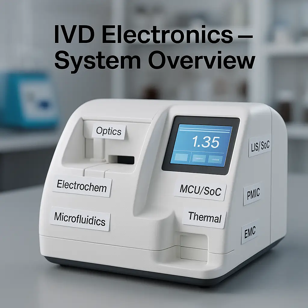 IVD electronics overview: light sources, photodiodes/PMTs, electrochemical AFEs, microfluidics, thermal control, MCU/SoC, power and connectivity