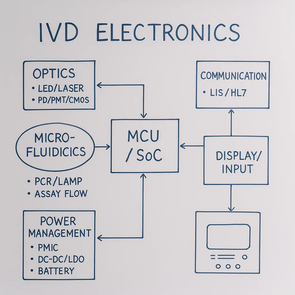 BOM block view: optical, electrochemical, microfluidics, thermal, compute/UI, connectivity, power