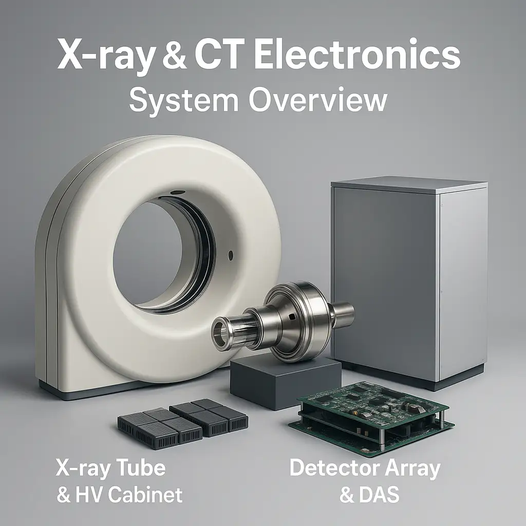 X-ray & CT electronics overview: X-ray tube & HV generator, filtration/collimation, detector array & DAS, slip ring, timing, motion, DSP/reconstruction and safety