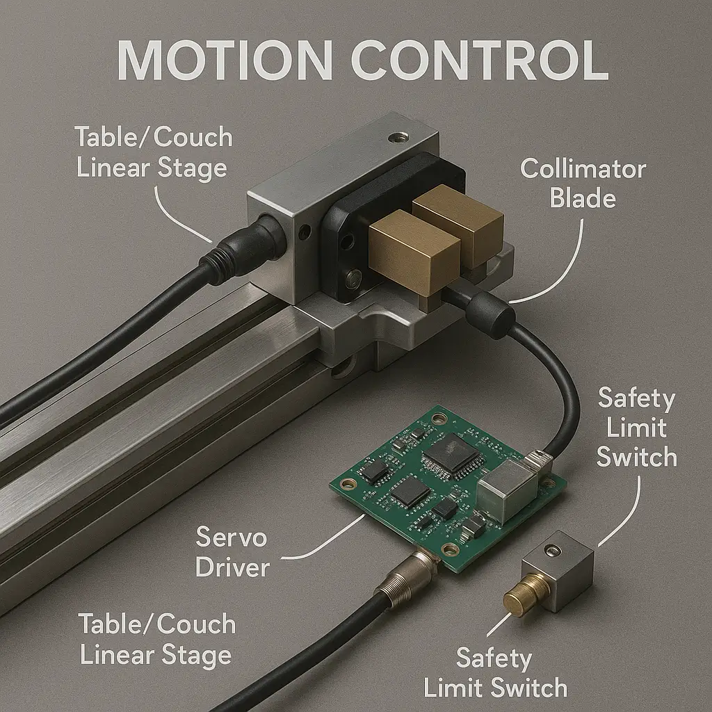 Motion control: couch axes, gantry rotation/tilt, collimator blades, encoders, drives and interlocks