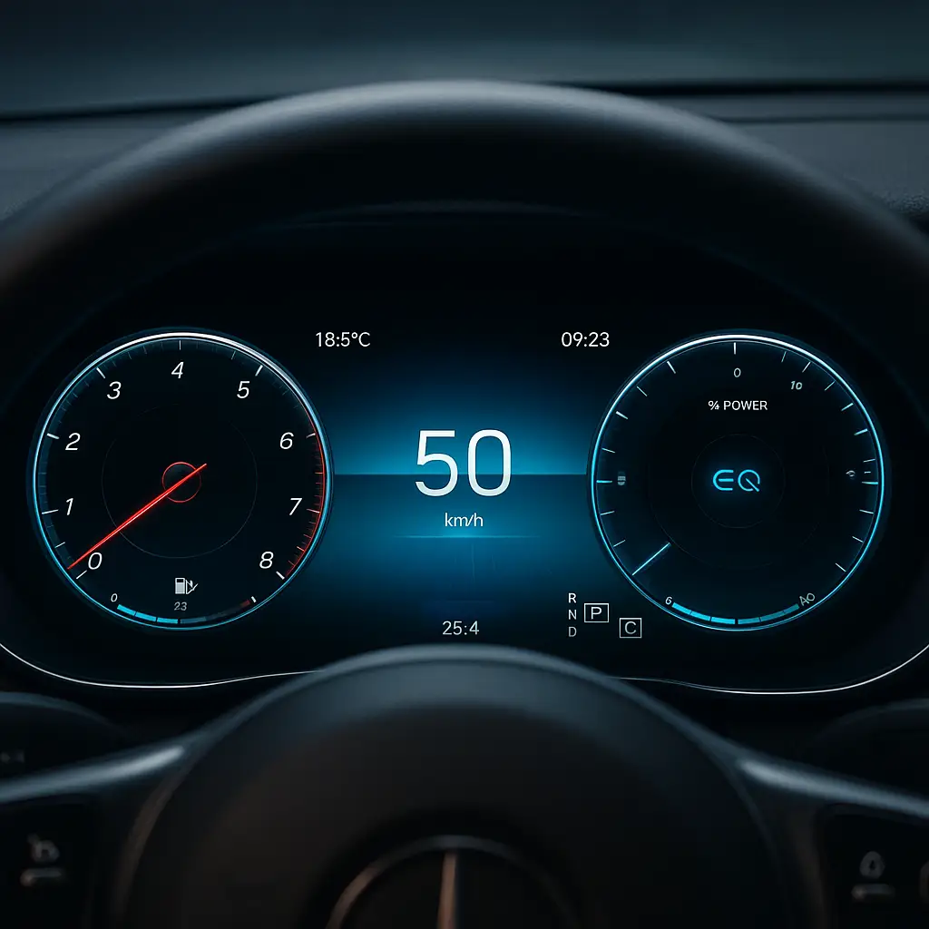 Historic analog instrument cluster next to a modern digital instrument cluster