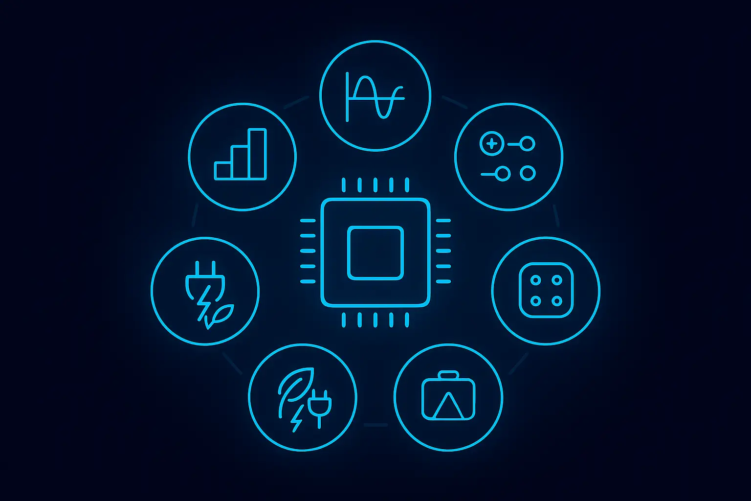 Abstract ADC IC selection cover: a central chip with surrounding icons for resolution, speed, inputs, interfaces, power, and package.