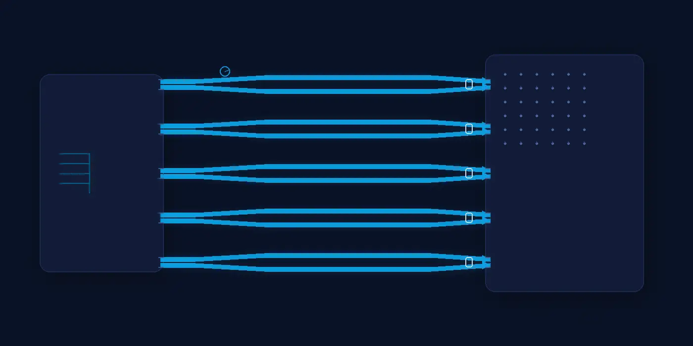 A wordless diagram of an ADC forwarding a differential clock and multiple LVDS data pairs to an FPGA with receiver-side termination and matched pairs.