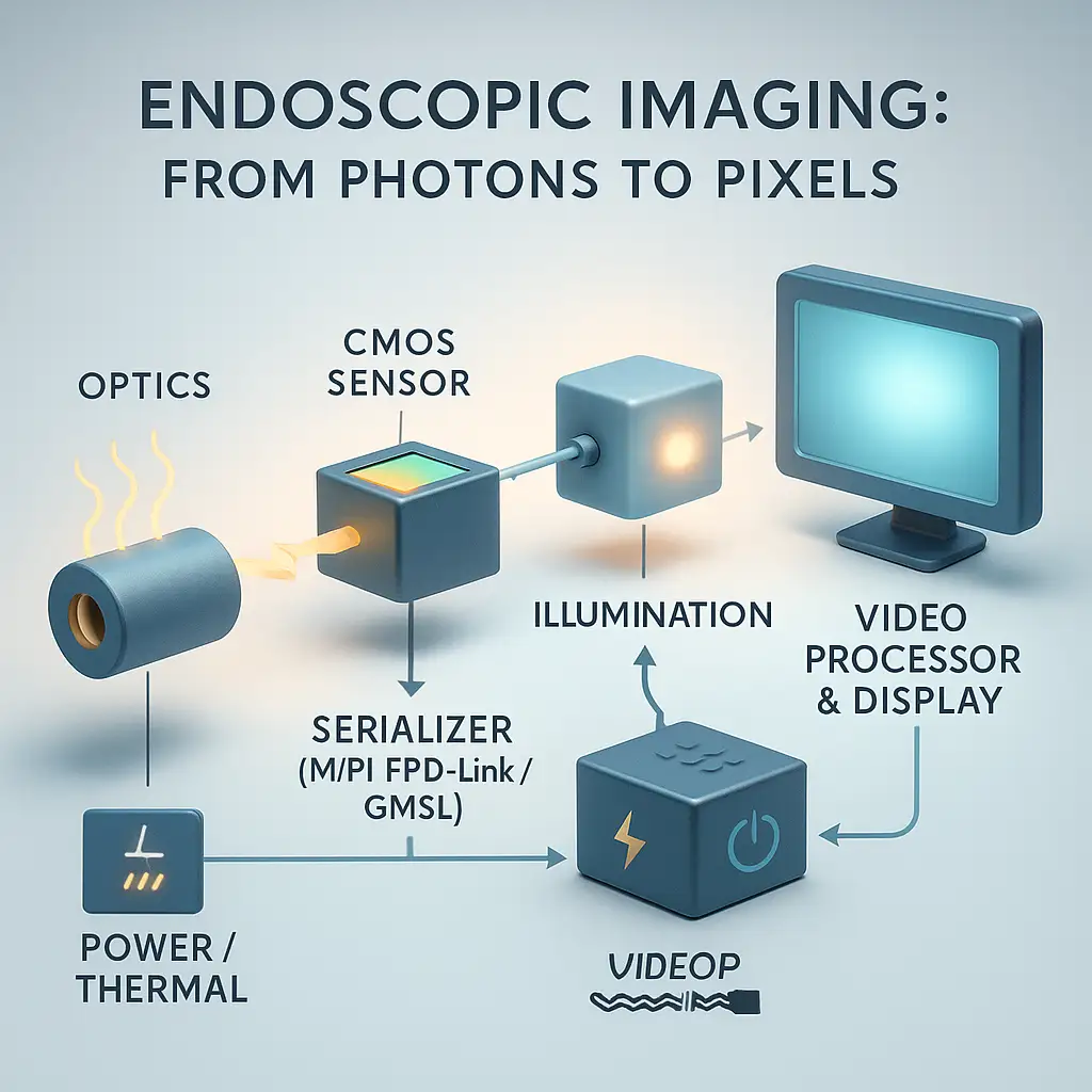 Endoscopic Imaging electronics overview: optics stack, CMOS sensor, illumination, AFE/ISP, serializer, power, and video processor in a block diagram