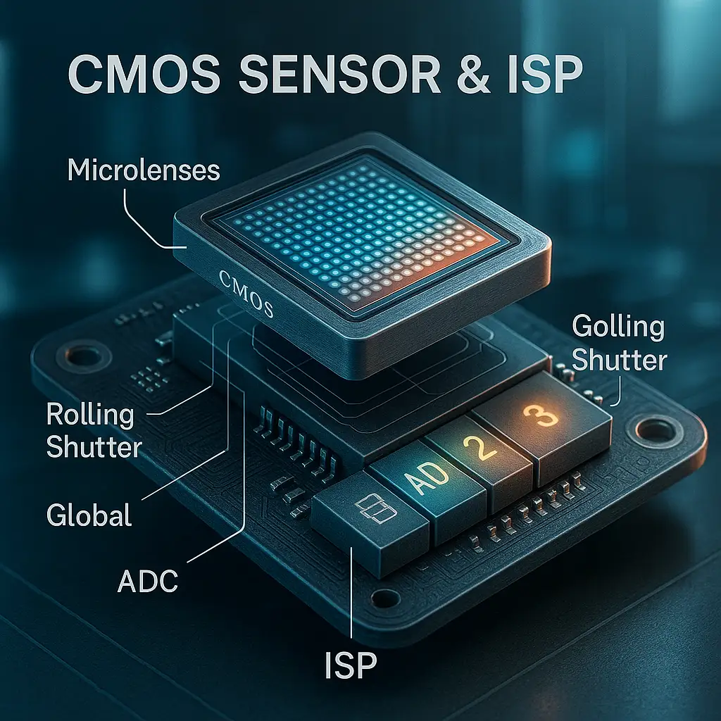 Signal chain: sensor/MIPI to serializer, long micro-coax to handle, deserializer to ISP/SoC, HDMI/SDI out to monitor