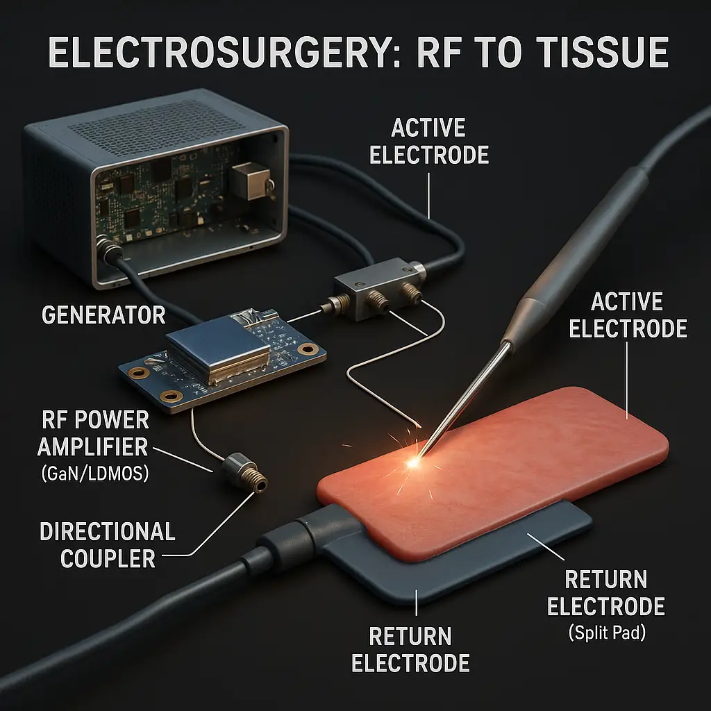 Electrosurgery RF generator block diagram: AC-DC, controller, RF PA, coupler, REM, isolation transformer, UI.