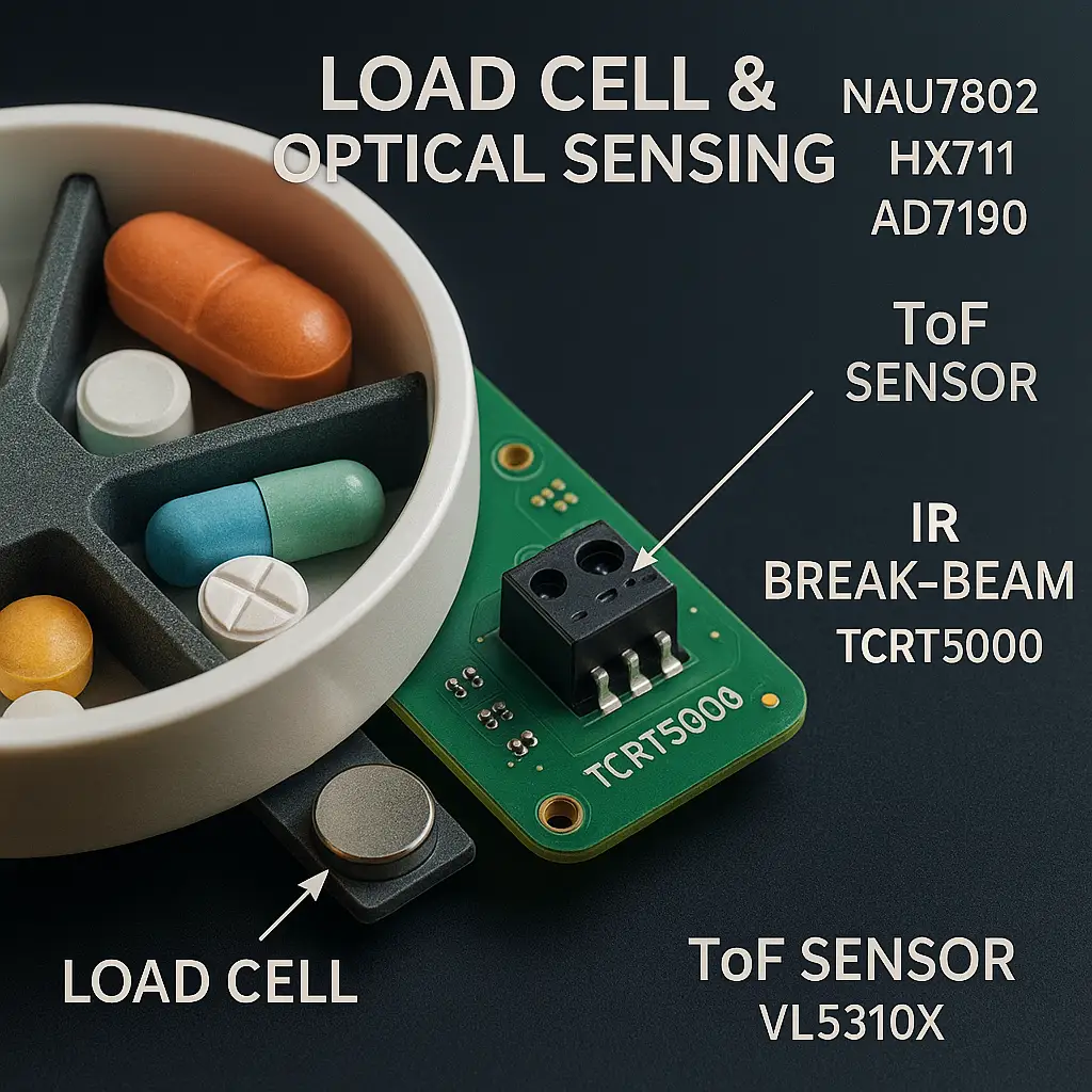 Smart Pill Dispensing architecture: mechanics, sensing, compute, connectivity, power, security, cloud.