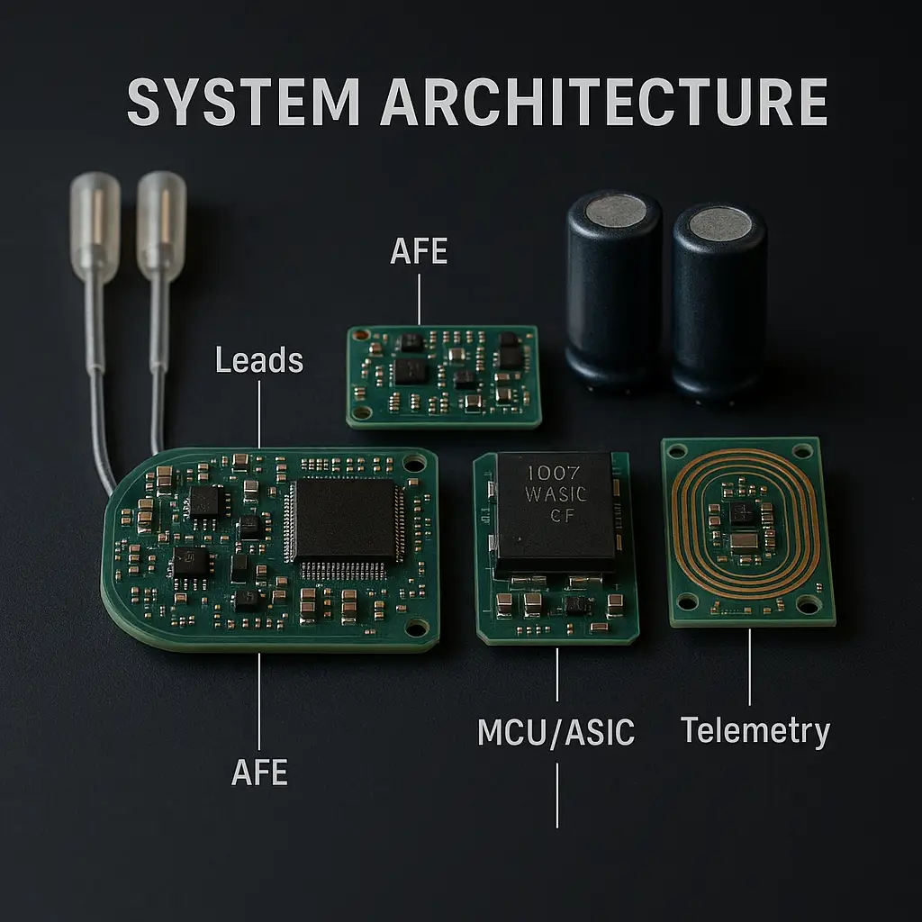 ICD system architecture block diagram: leads, AFE, MCU/ASIC, pacing path, HV path, power, telemetry, titanium can