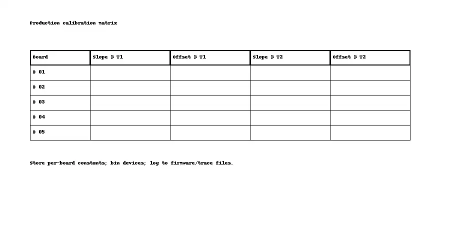 Production calibration matrix: slope/offset at two temperatures, per-board constants and bins.