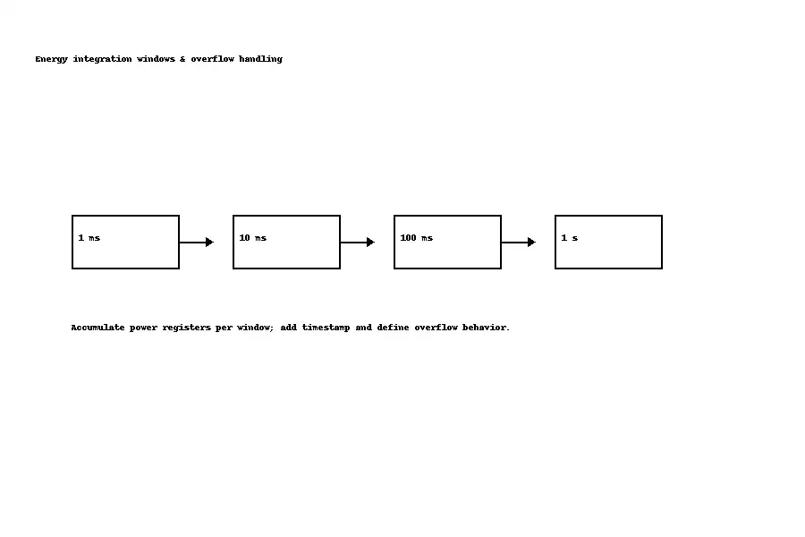 Energy integration with fixed windows, register accumulation, overflow handling, and timestamps.