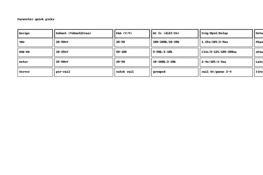 Parameter quick picks: Rshunt estimate, PGA, RC cutoff, and initial thresholds per recipe.