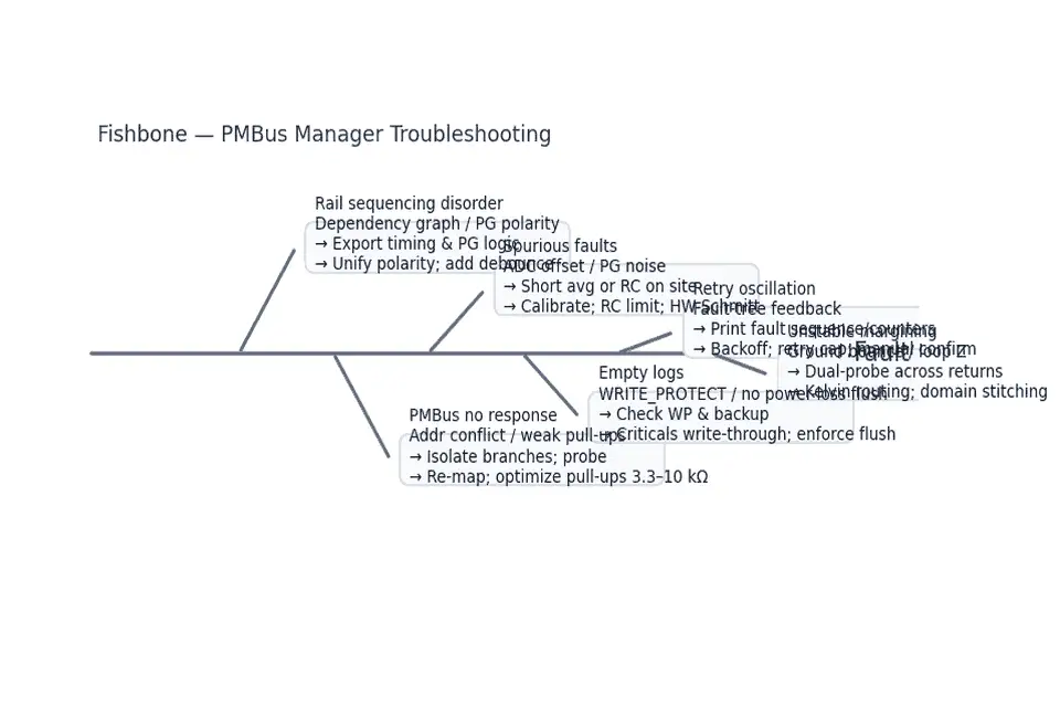 Fishbone mapping of PMBus manager fault symptoms to root causes and permanent fixes