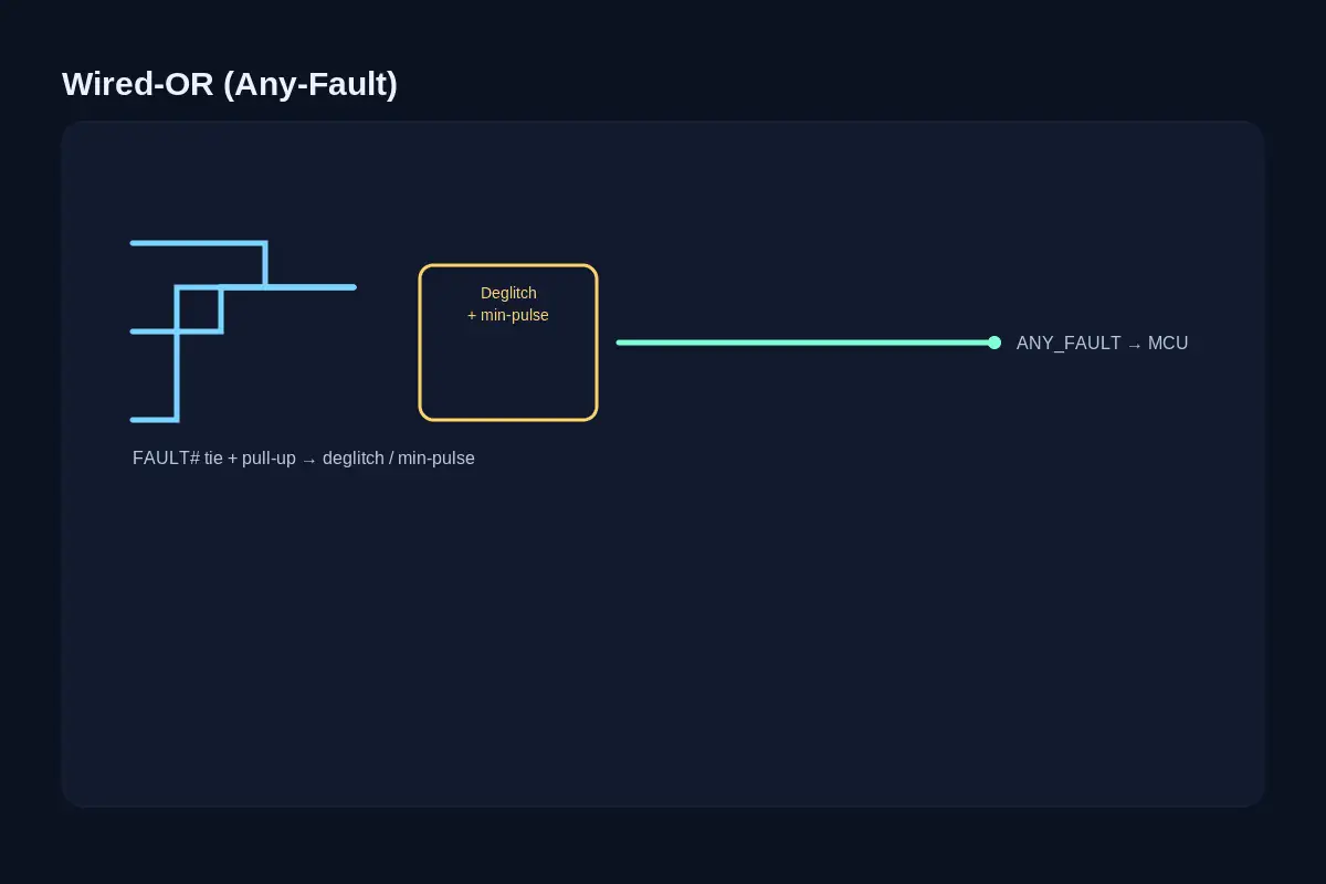Wired-OR Any-Fault: FAULT# ties with pull-up, deglitch window, MCU capture