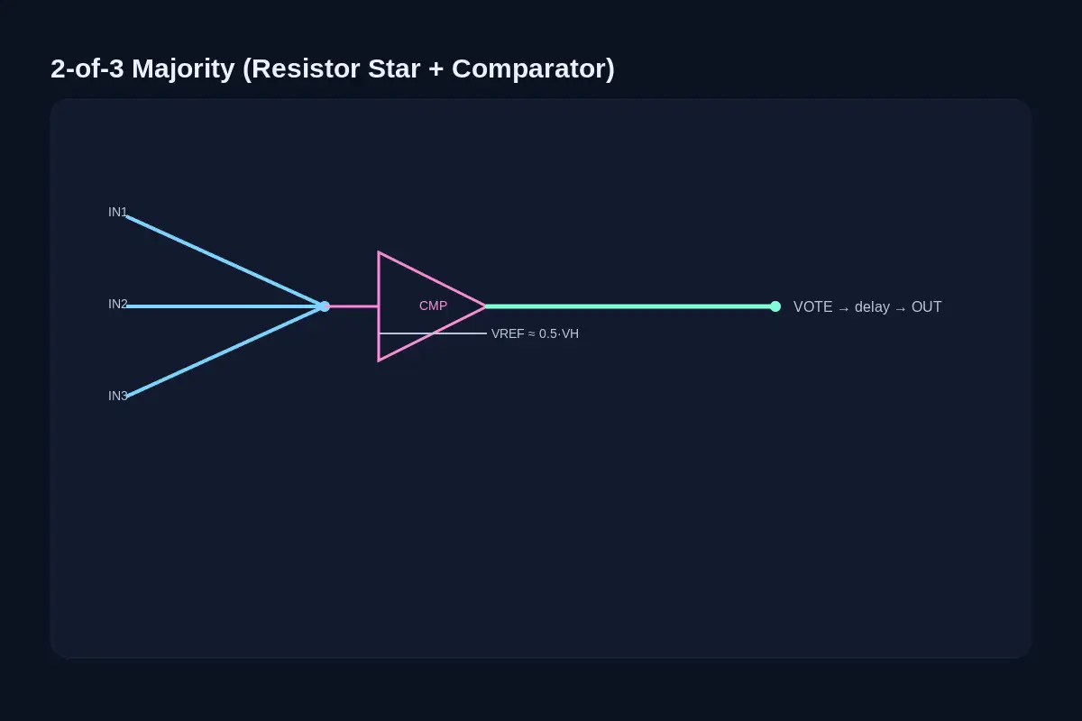 2-of-3 majority by resistor star and comparator; VREF around half of VH; optional delay