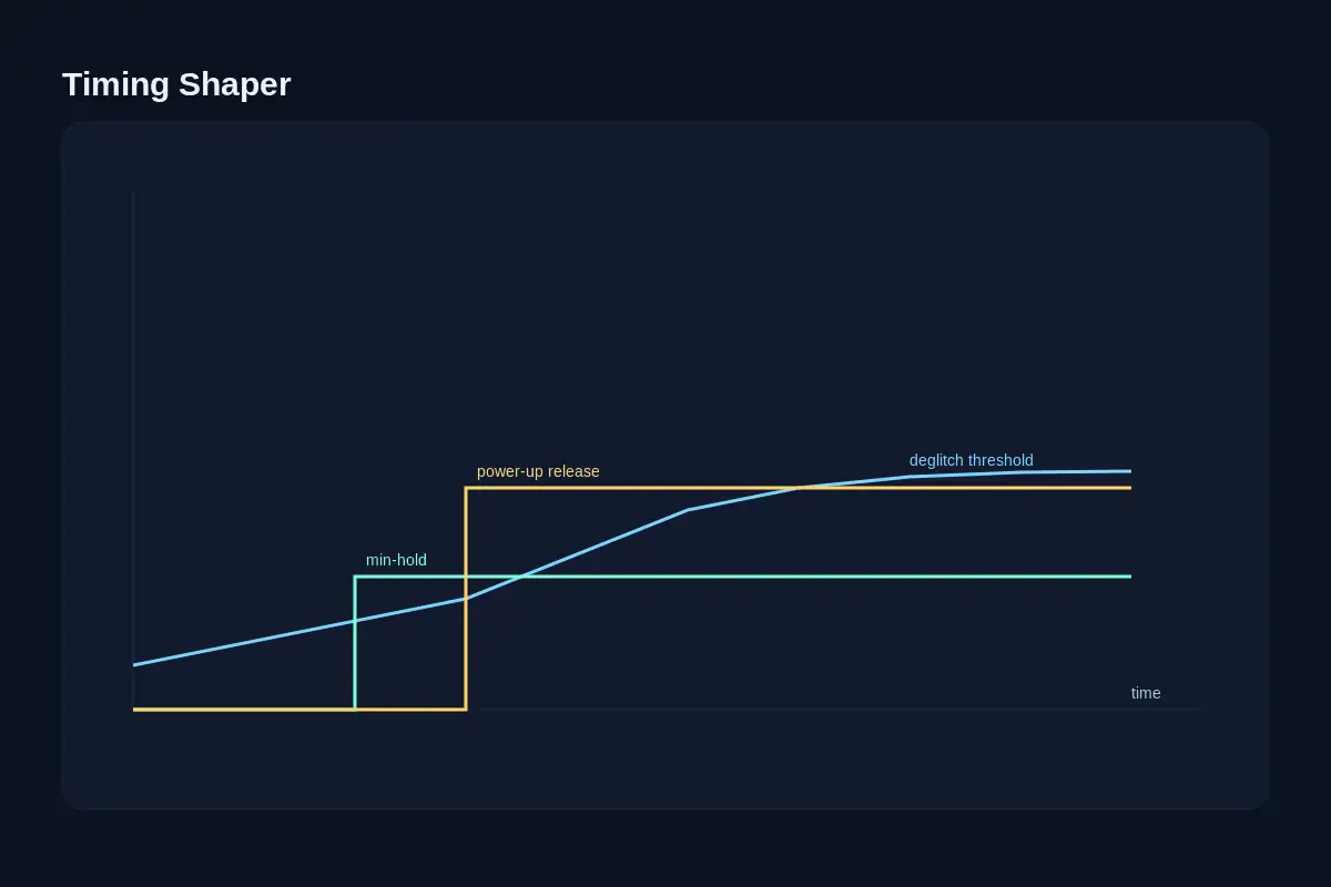 Timing shaping: deglitch threshold, minimum hold, power-up release overlays