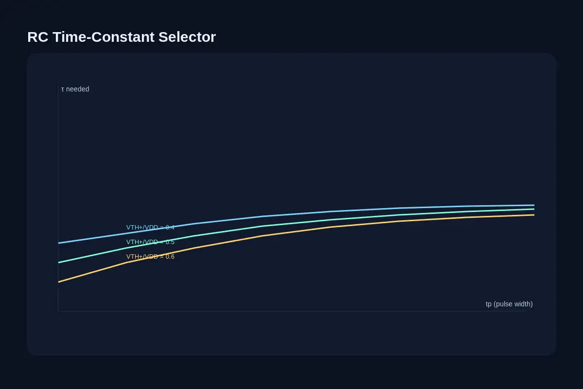 RC selector: required time constant vs pulse width tp for several VTH/ VDD ratios