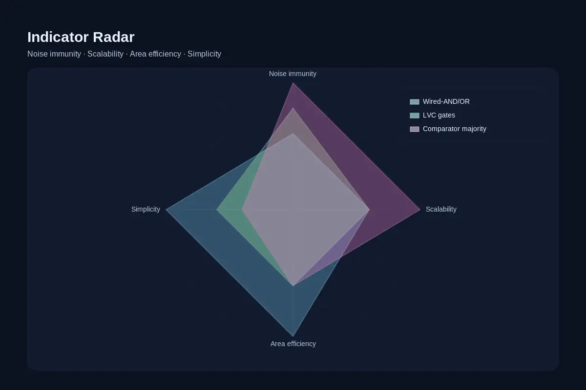 Radar of noise immunity, scalability, area, and complexity across wired-logic, LVC gates, and comparator majority