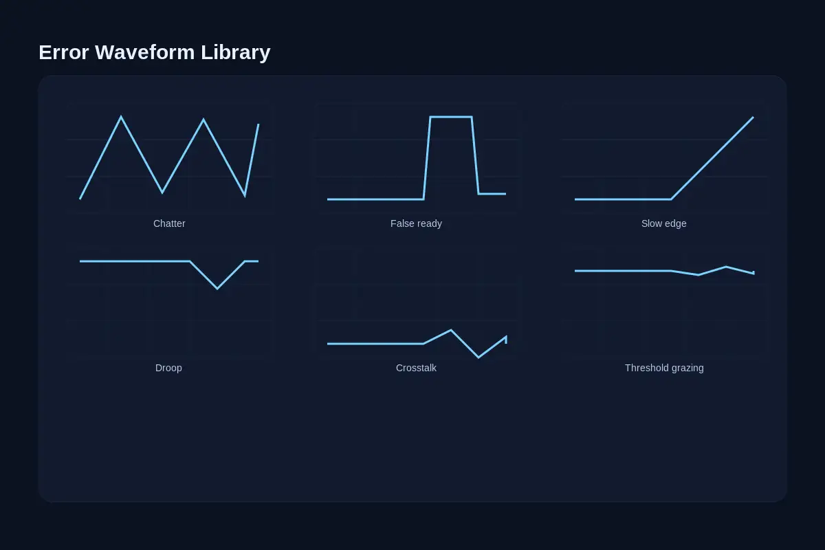 Oscilloscope snippets of six typical PG issues: chatter, false-ready, slow edge, droop, crosstalk, threshold grazing