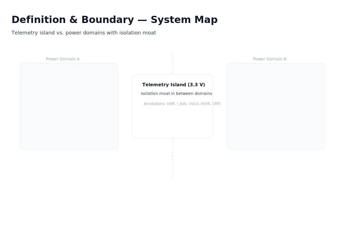 System map (3:2): Telemetry Island (3.3 V) centered, Power Domain A/B on sides, dashed Isolation Moat between; annotated with Vdiff, I_leak, UVLO, dV/dt, CMTI.