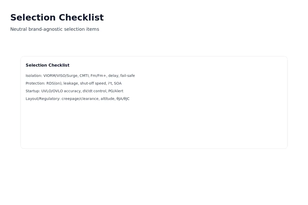Selection checklist for isolators and protection helpers (3:2) showing grouped fields for Isolation, Reverse/Backfeed, Controlled Startup, and Safety/Layout.