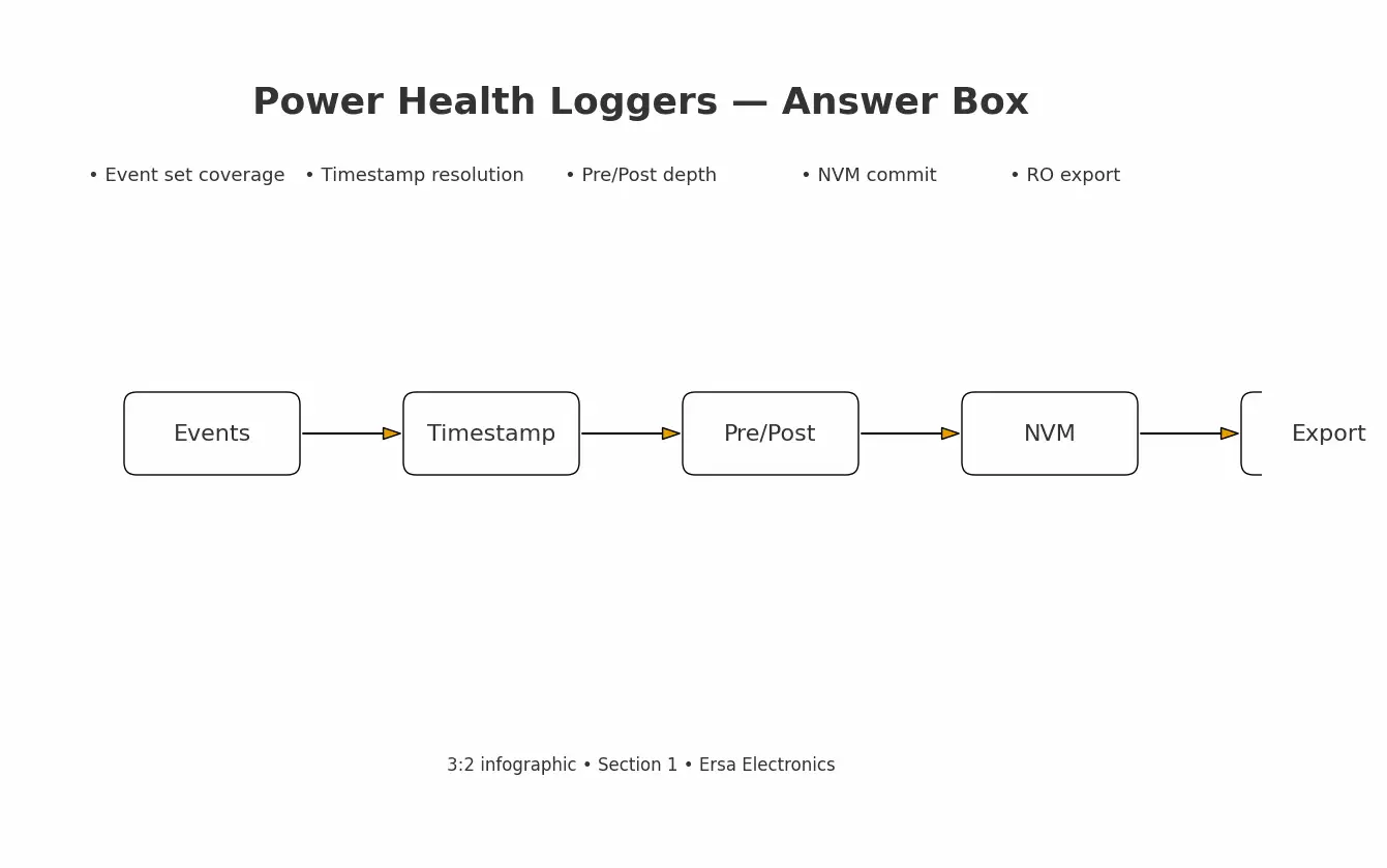 One-screen takeaway for power health loggers: events &rarr; timestamp &rarr; pre/post &rarr; NVM commit &rarr; export