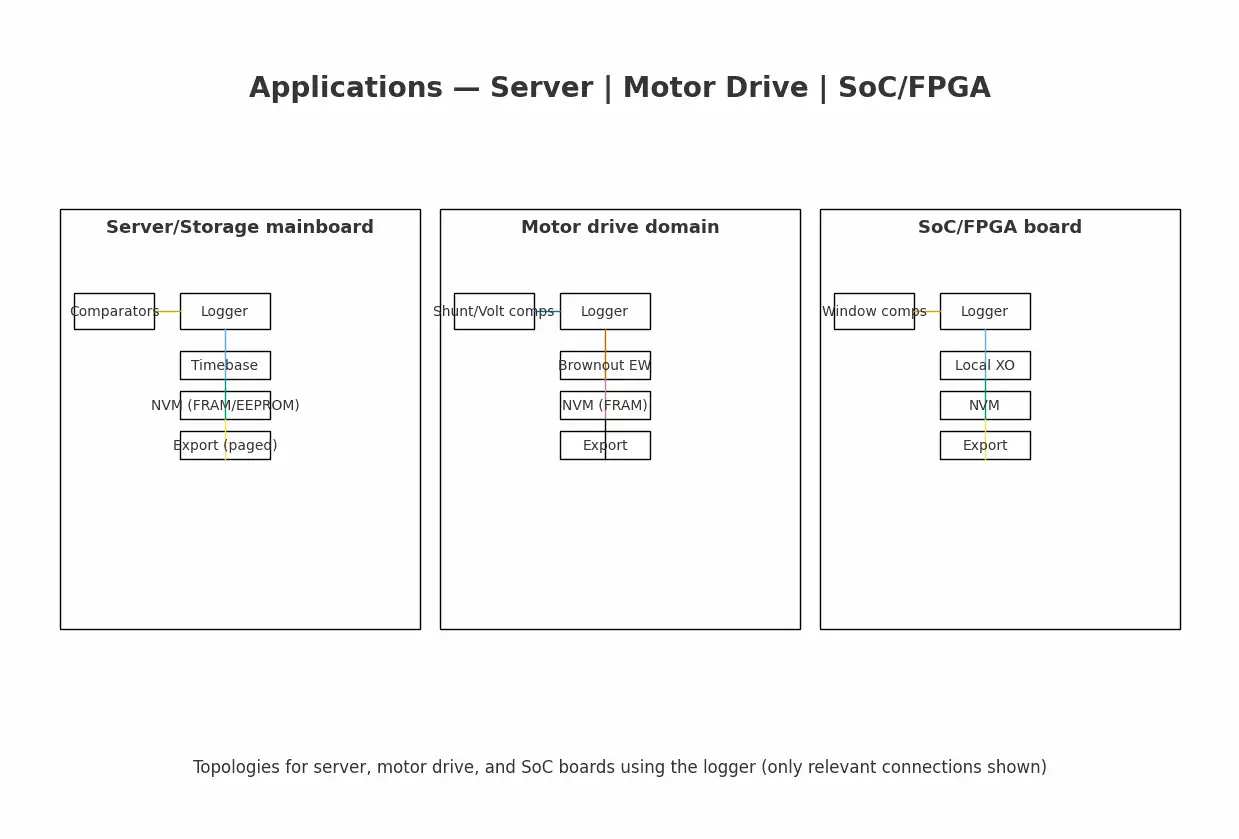 Topologies for server, motor drive, and SoC board using logger