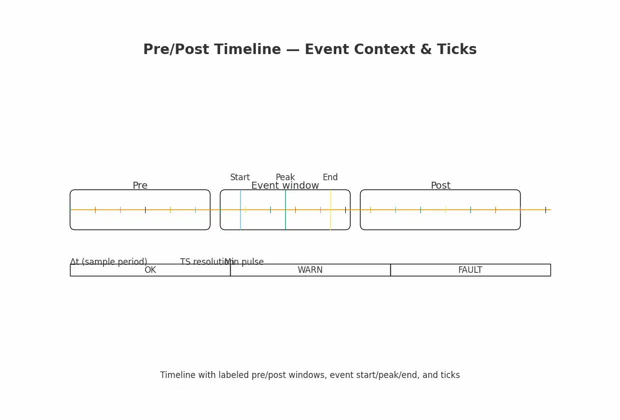 Timeline showing pre/post windows, event start/peak/end, and timestamp ticks