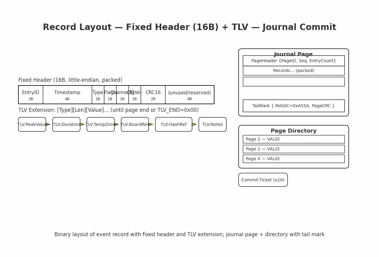 Binary layout of event record with fixed header and TLV extension