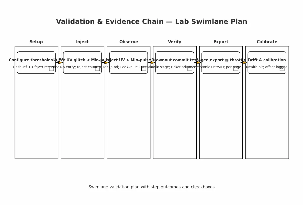 Lab validation plan for logger integrity and commit success
