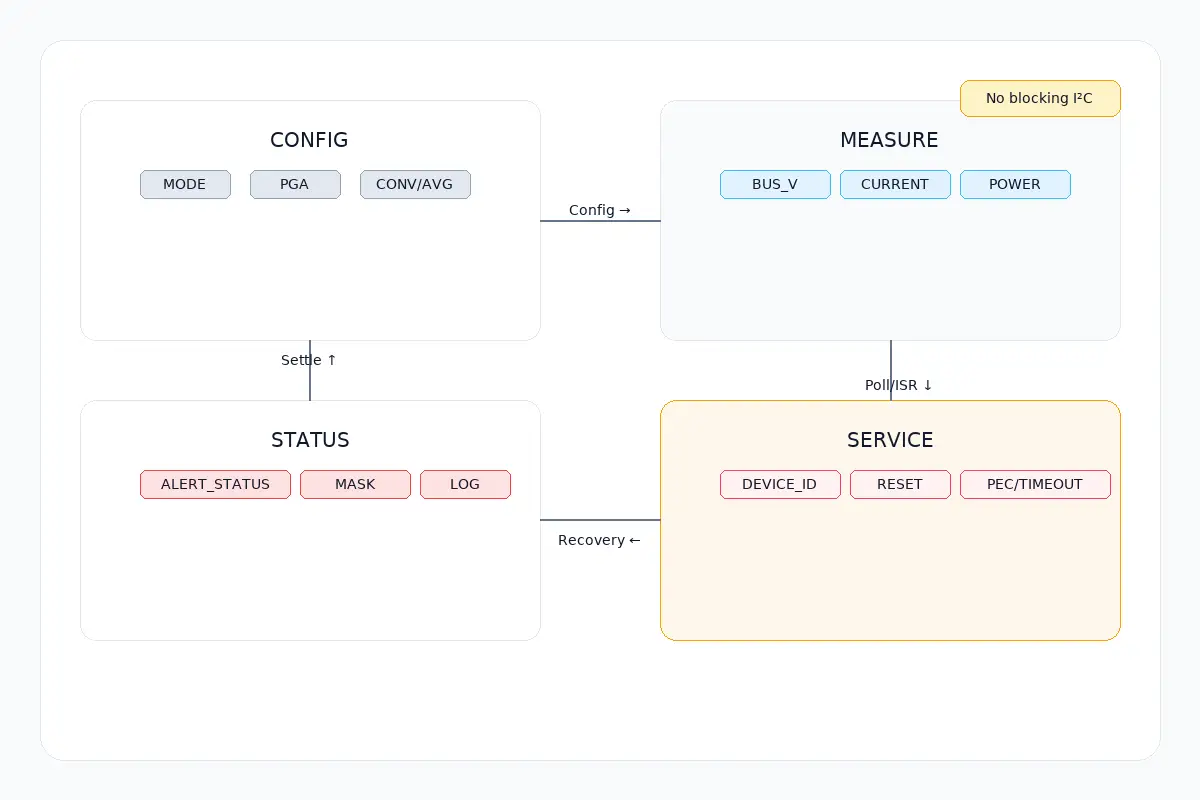 Minimal register map: four quadrants labeled CONFIG, MEASURE, STATUS, SERVICE; arrows indicate power-up, polling/interrupt, exception recovery, settlement loop