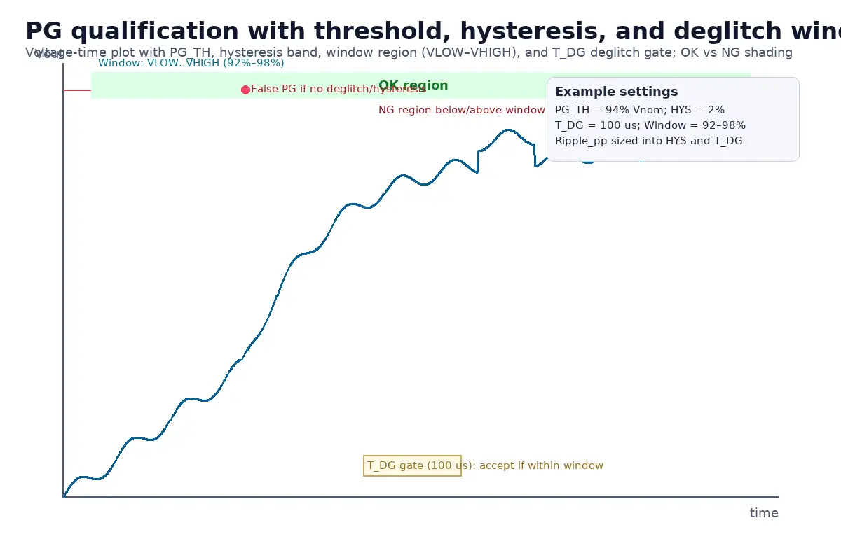 PG qualification with threshold, hysteresis, and deglitch windows