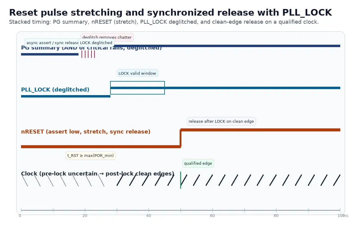 Reset pulse stretching and synchronized release with PLL_LOCK
