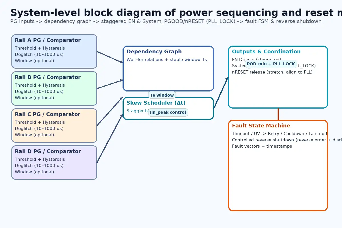System-level block diagram of power sequencing and reset management